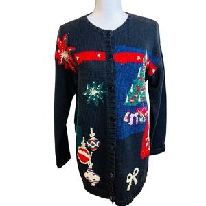 Vintage CHAUS Christmas Cardigan Sweater Sz S Embellished Holiday Tree Ornaments